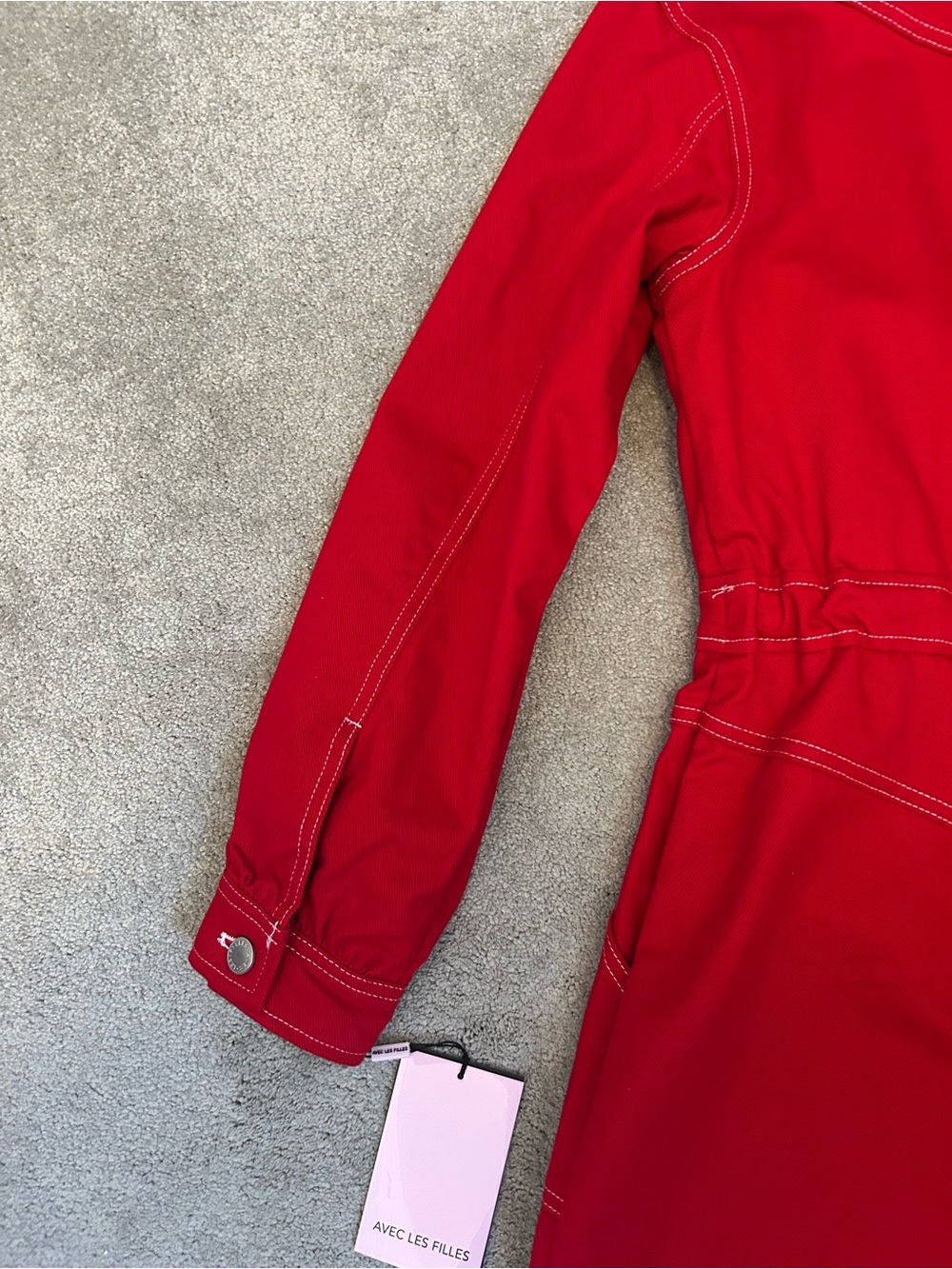 Avec Les Filles Red Long-Sleeve Button Dress with Contrast Stitching - Picture 7 of 8
